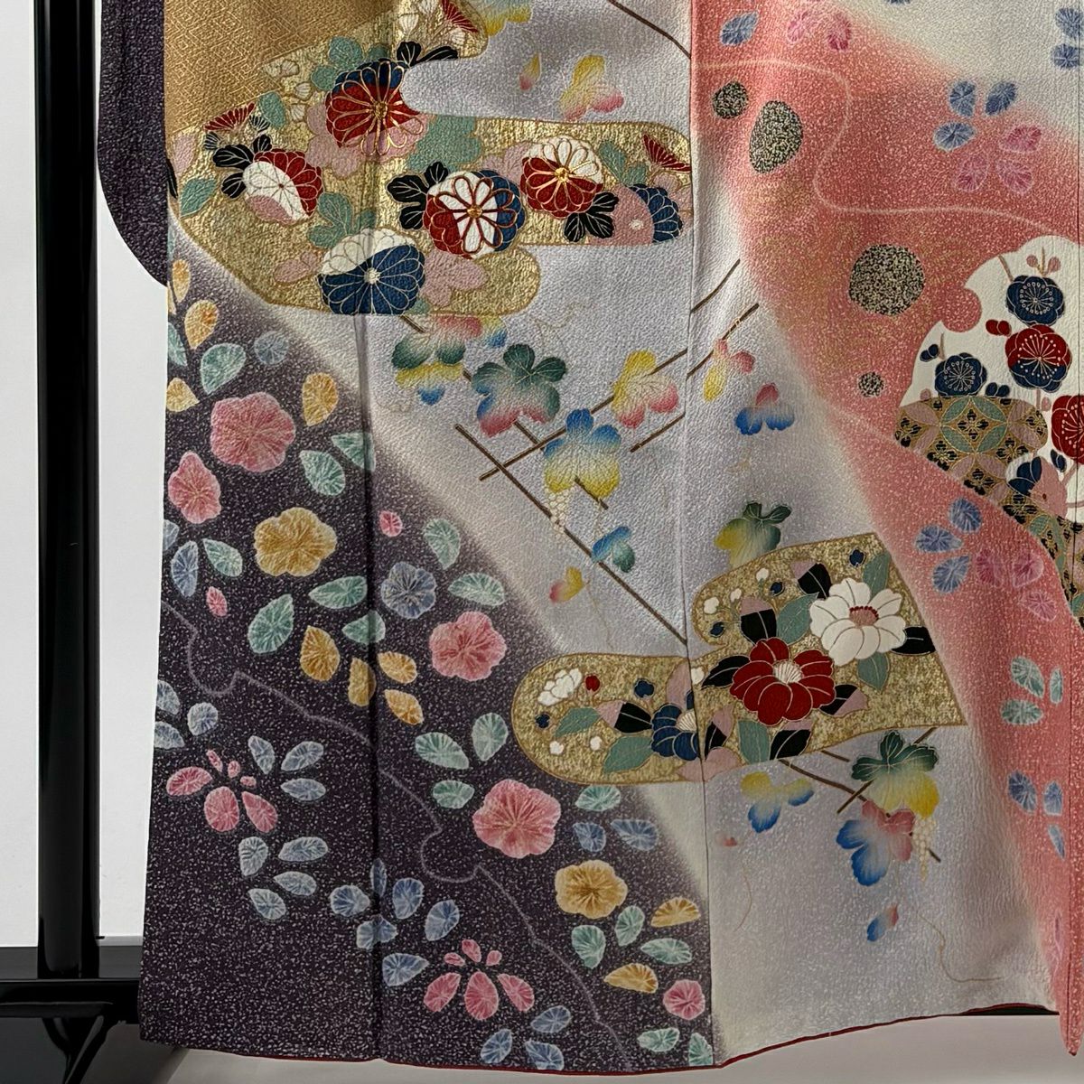 振袖禮服 身長162cm 袖長65cm M 雙層 菊花花 ヱ霞 金絲 金銀彩 粉紅 純蠶絲 名品級