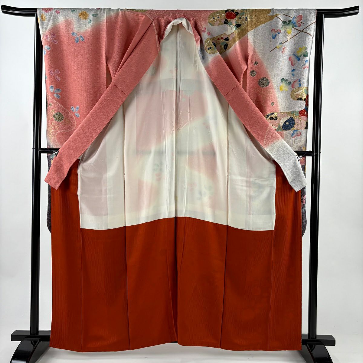振袖禮服 身長162cm 袖長65cm M 雙層 菊花花 ヱ霞 金絲 金銀彩 粉紅 純蠶絲 名品級