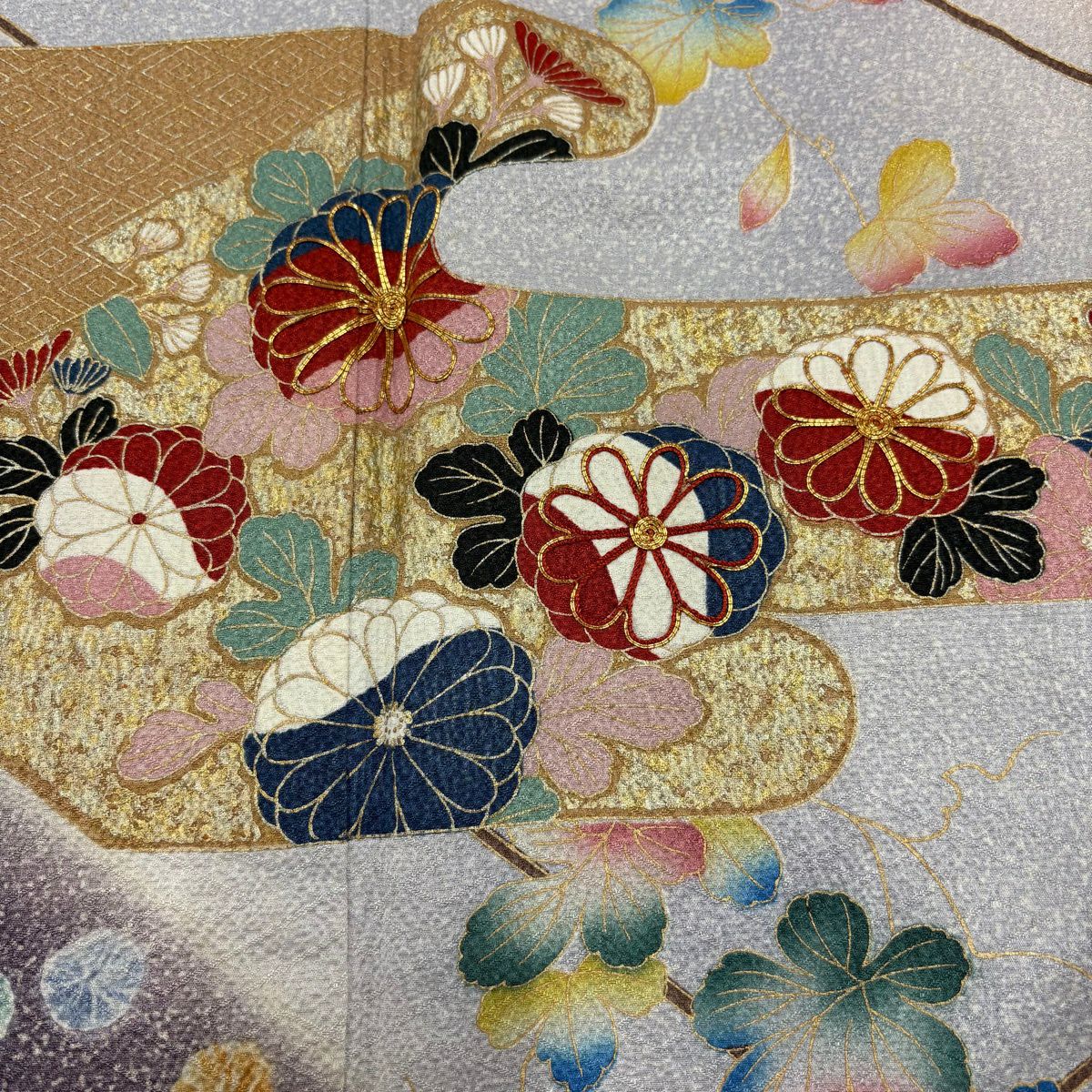 振袖禮服 身長162cm 袖長65cm M 雙層 菊花花 ヱ霞 金絲 金銀彩 粉紅 純蠶絲 名品級