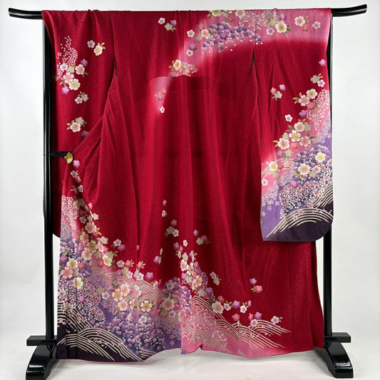 【美品】振袖禮服 身長161.5cm 袖長70cm L 雙層 櫻花 金銀彩 金 紅 純蠶絲 名品級