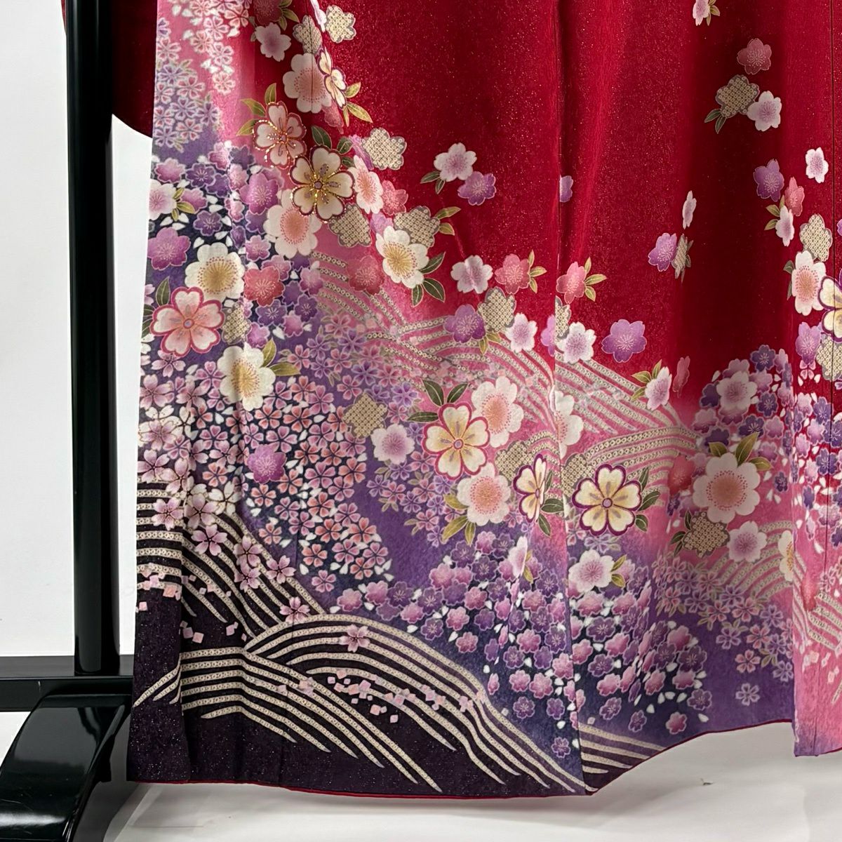 【美品】振袖禮服 身長161.5cm 袖長70cm L 雙層 櫻花 金銀彩 金 紅 純蠶絲 名品級