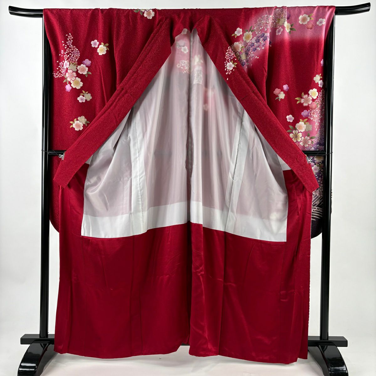 【美品】振袖禮服 身長161.5cm 袖長70cm L 雙層 櫻花 金銀彩 金 紅 純蠶絲 名品級