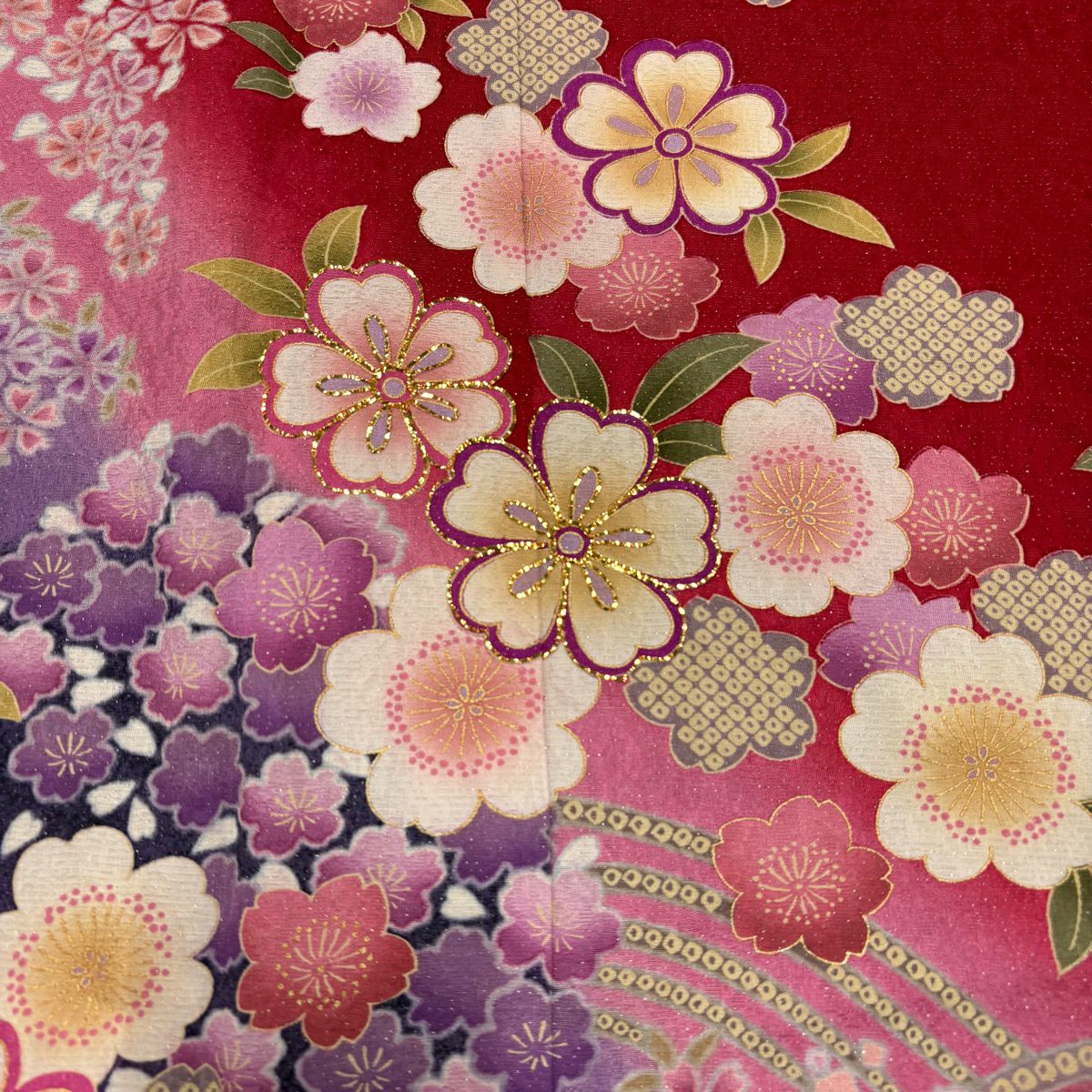 【美品】振袖禮服 身長161.5cm 袖長70cm L 雙層 櫻花 金銀彩 金 紅 純蠶絲 名品級