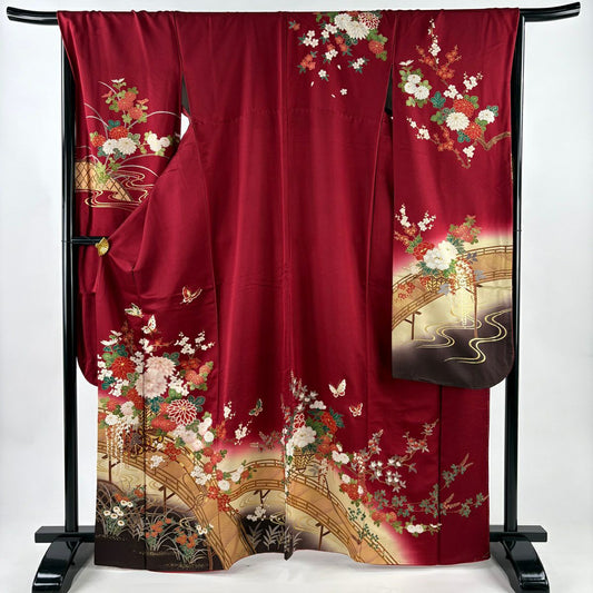 振袖禮服 身長167cm 袖長67cm M 雙層 花車 橋 金銀彩 漸層 深紅色 純蠶絲 名品級