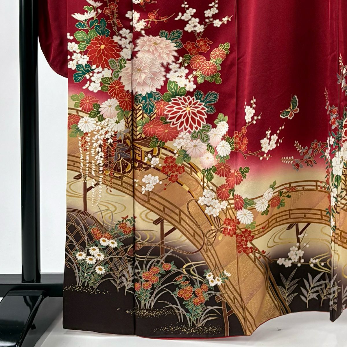 振袖禮服 身長167cm 袖長67cm M 雙層 花車 橋 金銀彩 漸層 深紅色 純蠶絲 名品級