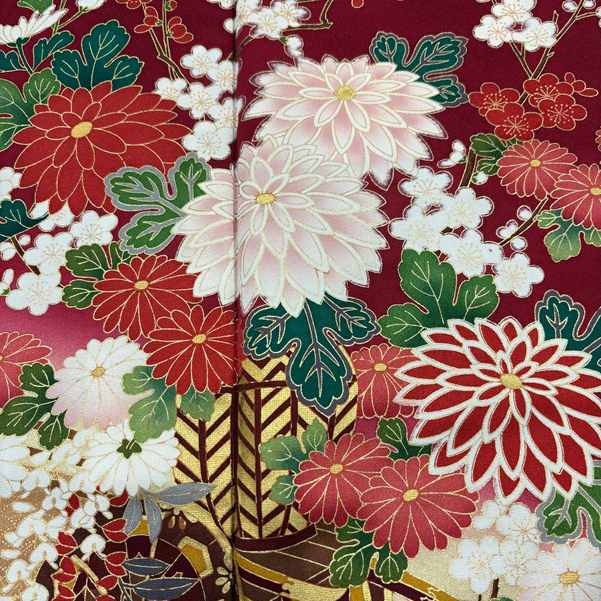 振袖禮服 身長167cm 袖長67cm M 雙層 花車 橋 金銀彩 漸層 深紅色 純蠶絲 名品級
