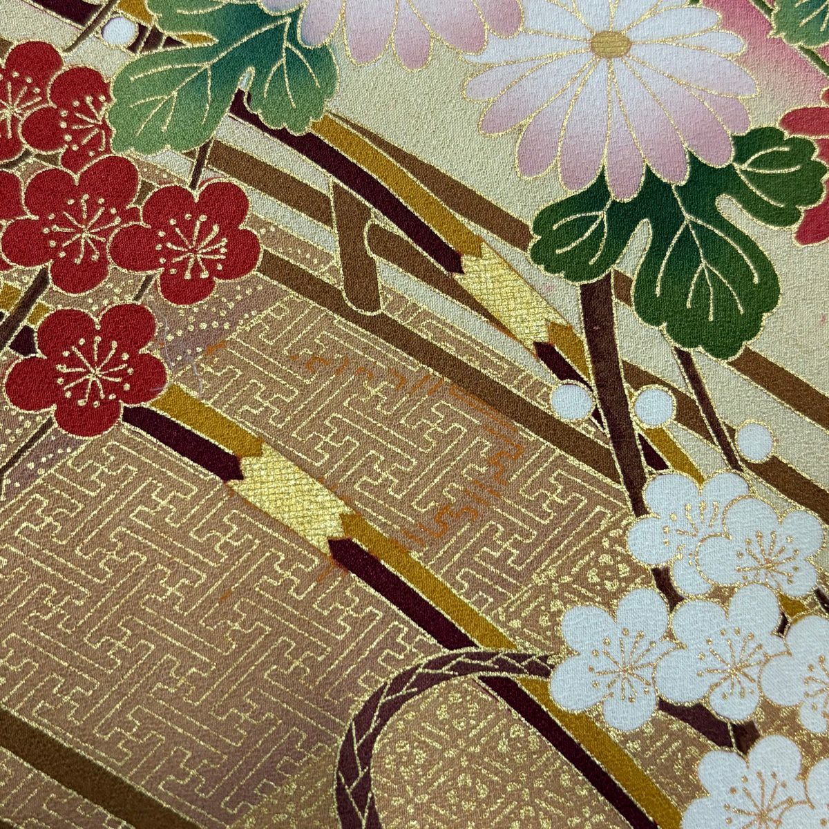 振袖禮服 身長167cm 袖長67cm M 雙層 花車 橋 金銀彩 漸層 深紅色 純蠶絲 名品級