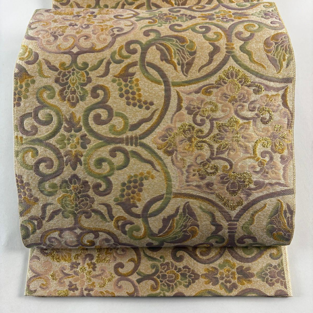 【美品】 袋帶 名品級 落款あり 岡野武一郎 華紋 葉と実 金糸 金金箔 米色 全通 純蠶絲
