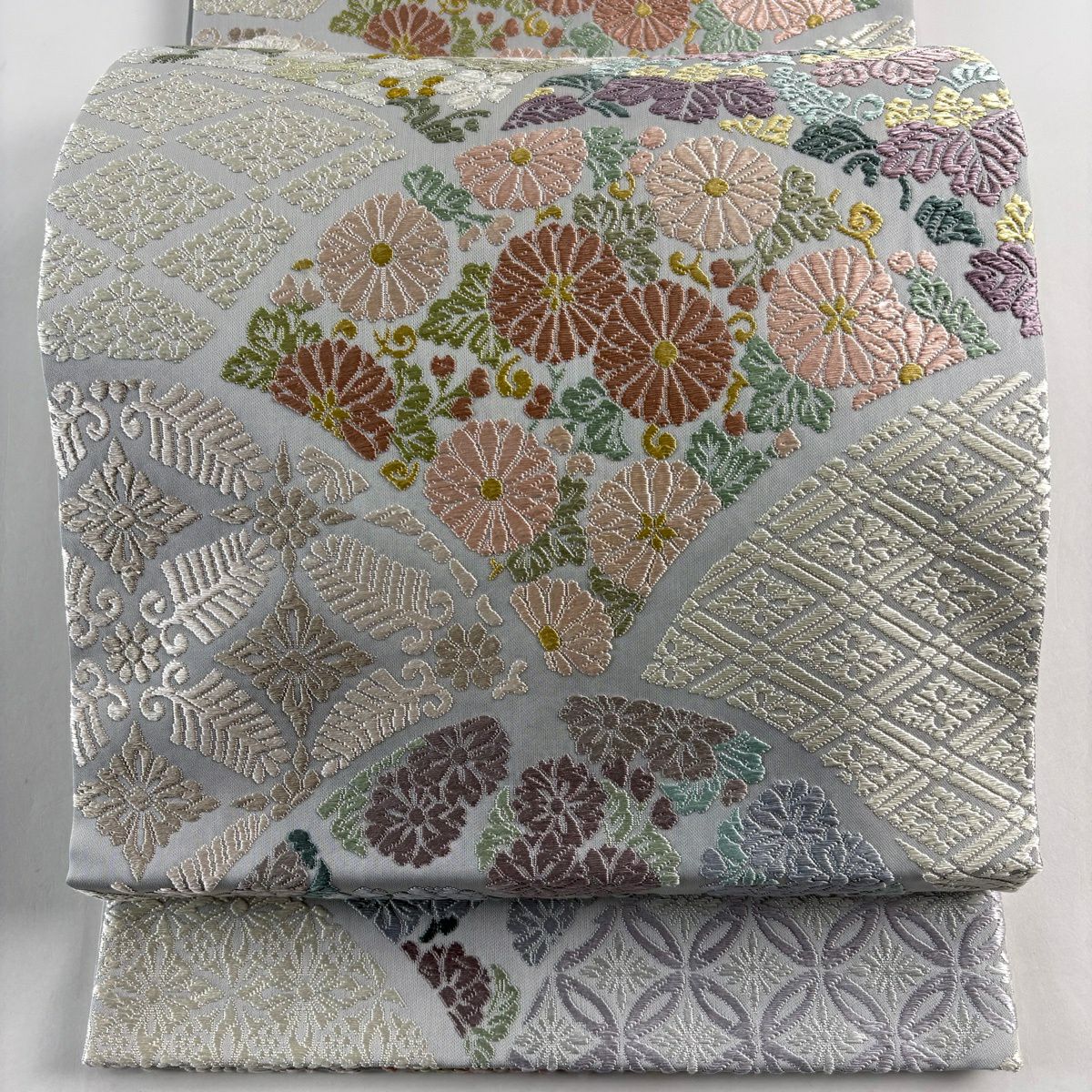 【美品】 袋帶 名品級 七寶花菱 菊花 唐織 灰 深藍 六通 純蠶絲