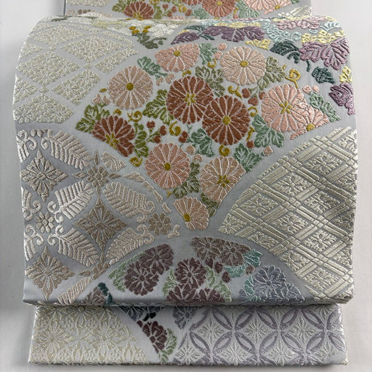 【美品】 袋帶 名品級 七寶花菱 菊花 唐織 灰 深藍 六通 純蠶絲