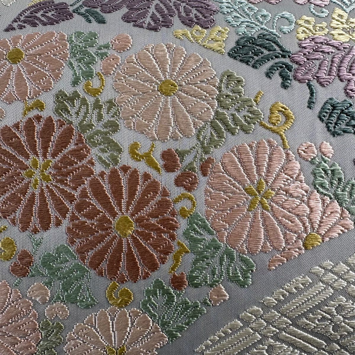 【美品】 袋帶 名品級 七寶花菱 菊花 唐織 灰 深藍 六通 純蠶絲