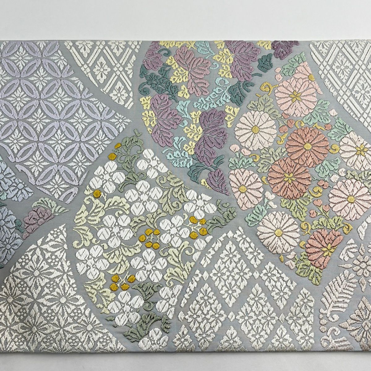 【美品】 袋帶 名品級 七寶花菱 菊花 唐織 灰 深藍 六通 純蠶絲