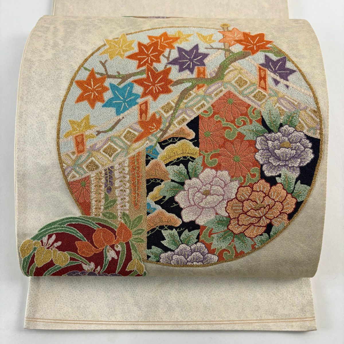袋帶 名品級 關西仕立 花丸紋 牡丹 相良刺繡 金絲 米色 大鼓圖案 純蠶絲