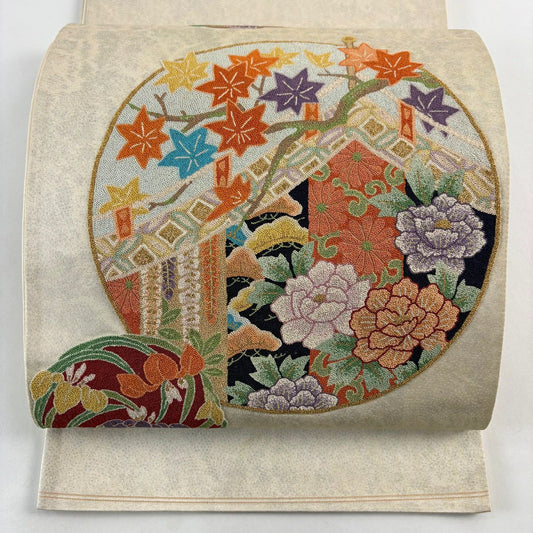 袋帶 名品級 關西仕立 花丸紋 牡丹 相良刺繡 金絲 米色 大鼓圖案 純蠶絲