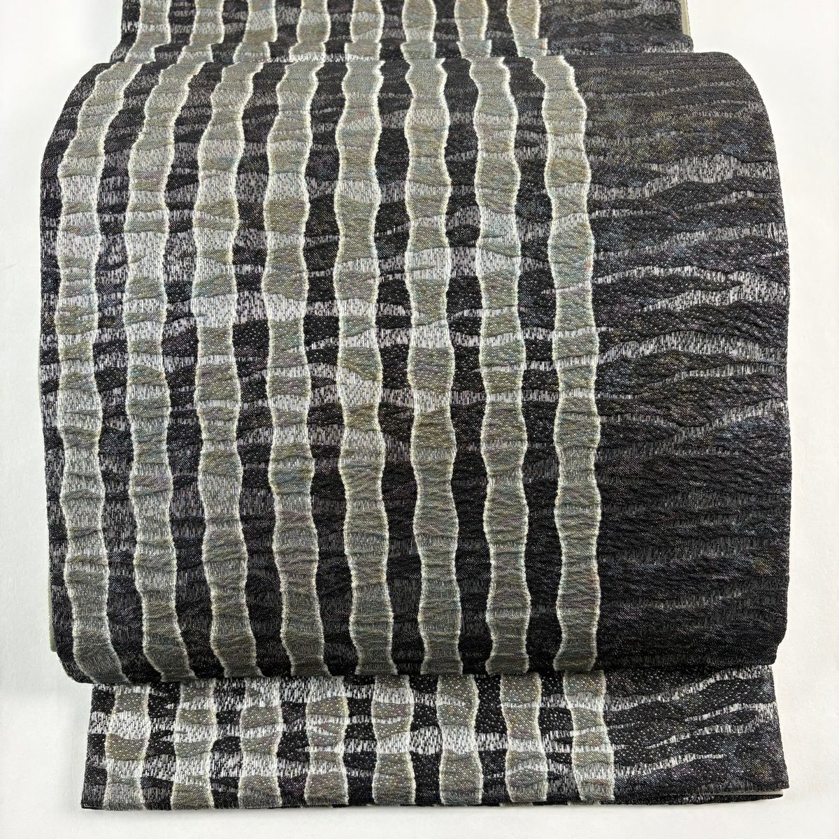 【美品】 袋帶 名品級 斜條紋 霞 金金箔 銀線 灰綠 全通 純蠶絲