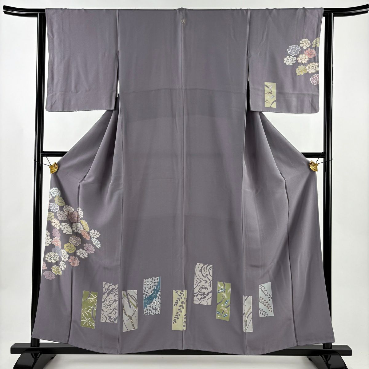 訪問服 身長157cm 袖長64cm M 雙層 牡丹 短冊 金彩裝飾 灰紫 純蠶絲 秀品級 一つ紋