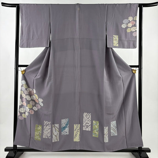 訪問服 身長157cm 袖長64cm M 雙層 牡丹 短冊 金彩裝飾 灰紫 純蠶絲 秀品級 一つ紋