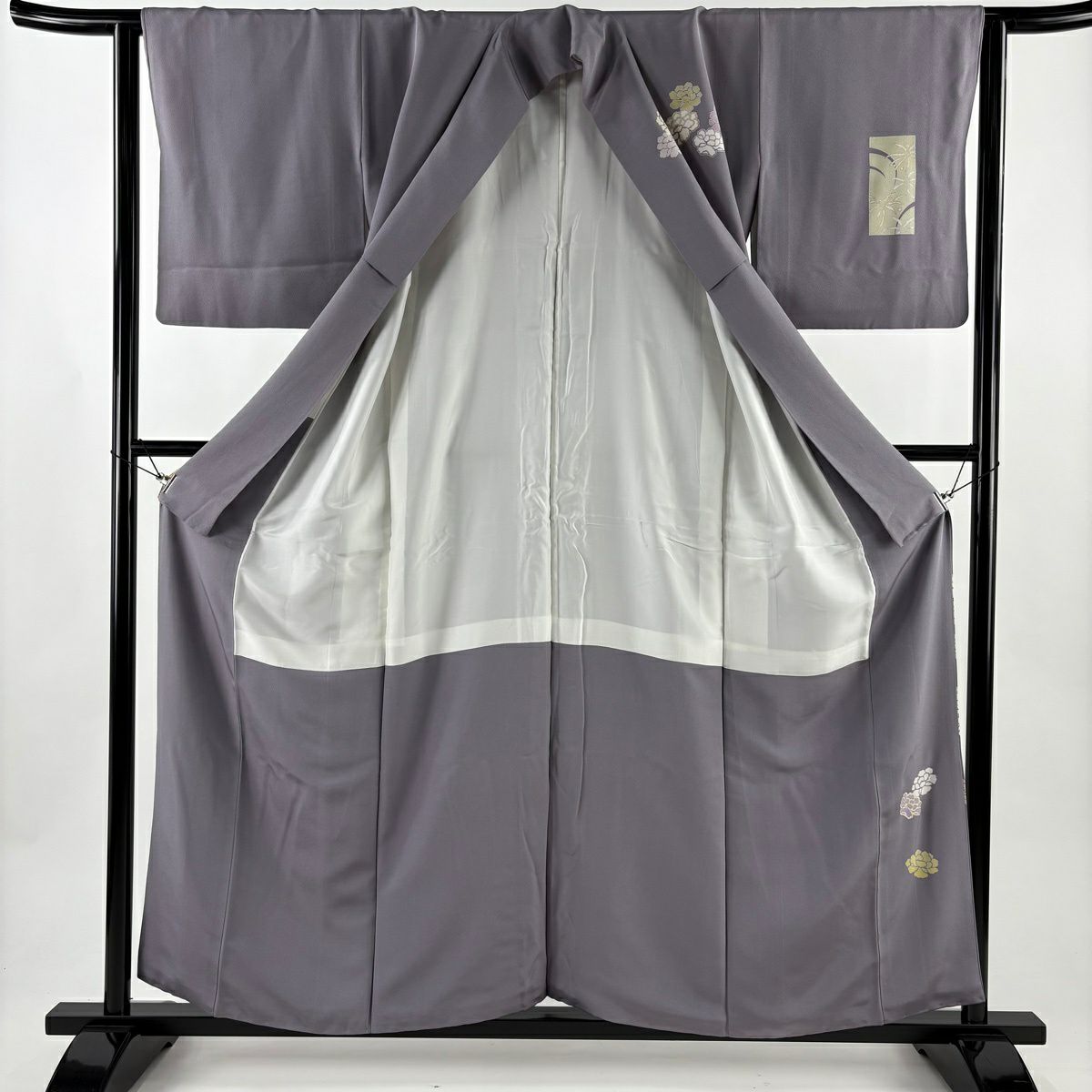 訪問服 身長157cm 袖長64cm M 雙層 牡丹 短冊 金彩裝飾 灰紫 純蠶絲 秀品級 一つ紋