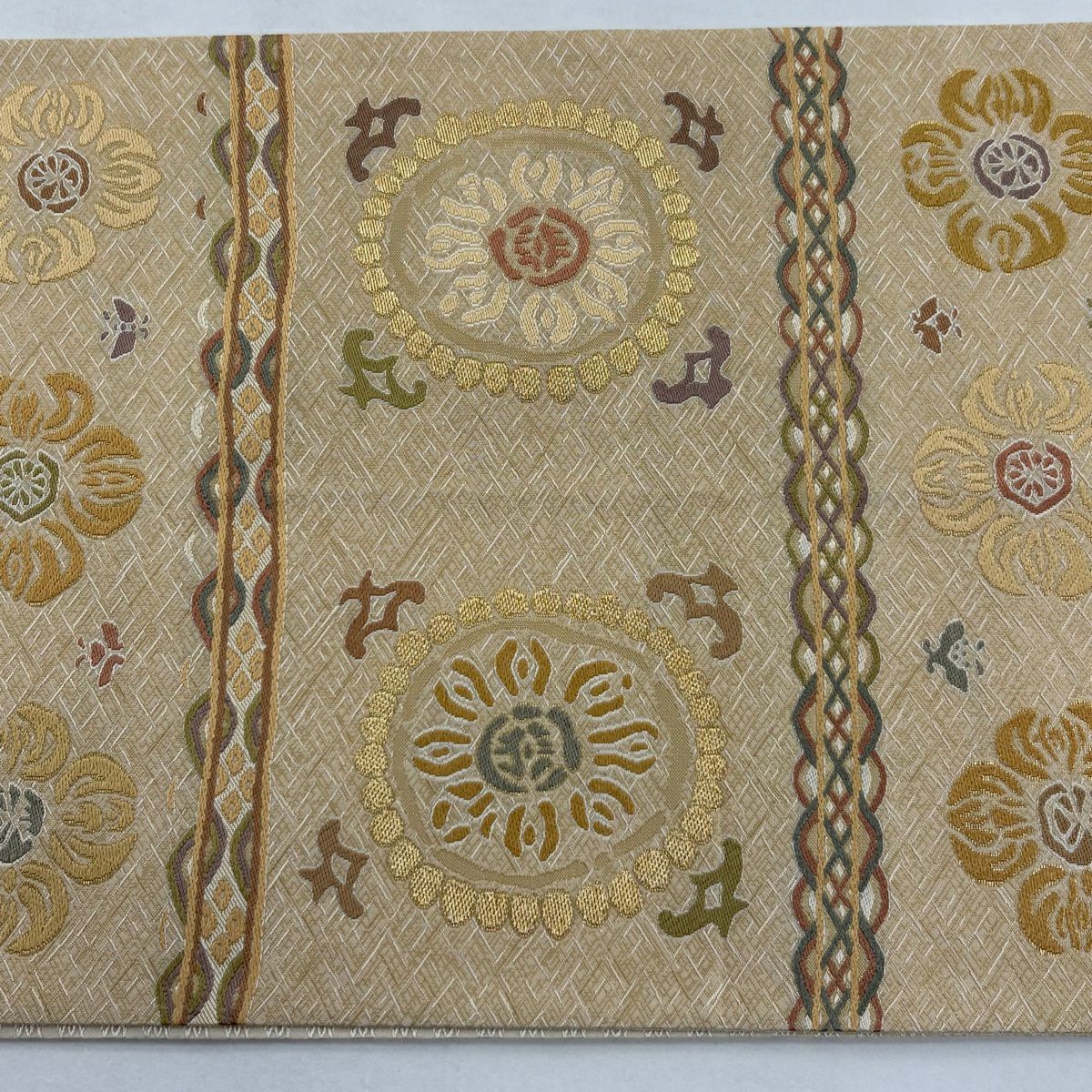 袋帶 秀品級 華紋 橫段 金絲 金金箔 米色 六通 純蠶絲
