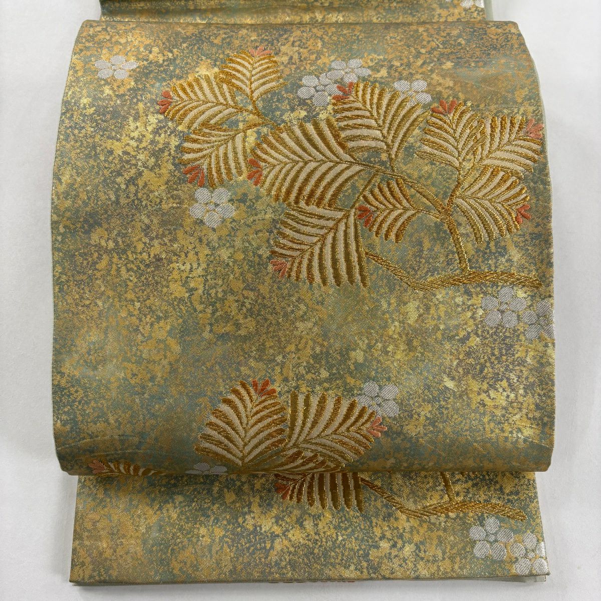 【美品】 袋帶 秀品級 若松樹 梅花 金銀糸 金金箔 灰綠 六通 純蠶絲
