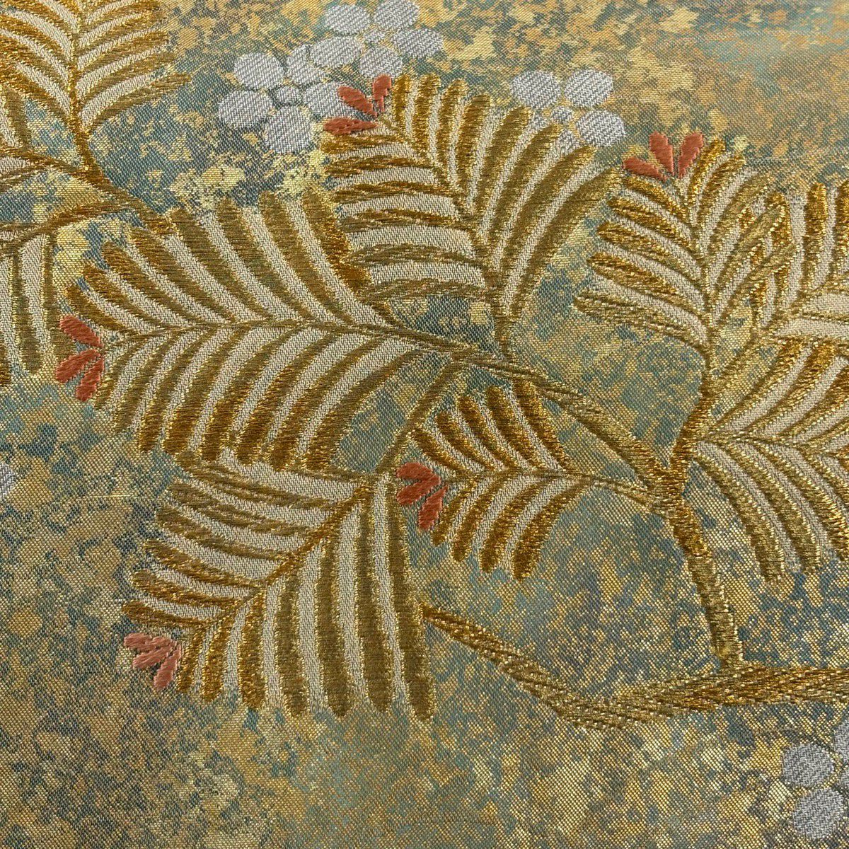 【美品】 袋帶 秀品級 若松樹 梅花 金銀糸 金金箔 灰綠 六通 純蠶絲