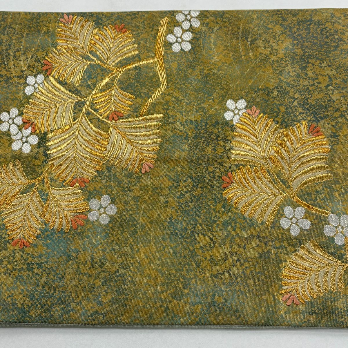【美品】 袋帶 秀品級 若松樹 梅花 金銀糸 金金箔 灰綠 六通 純蠶絲