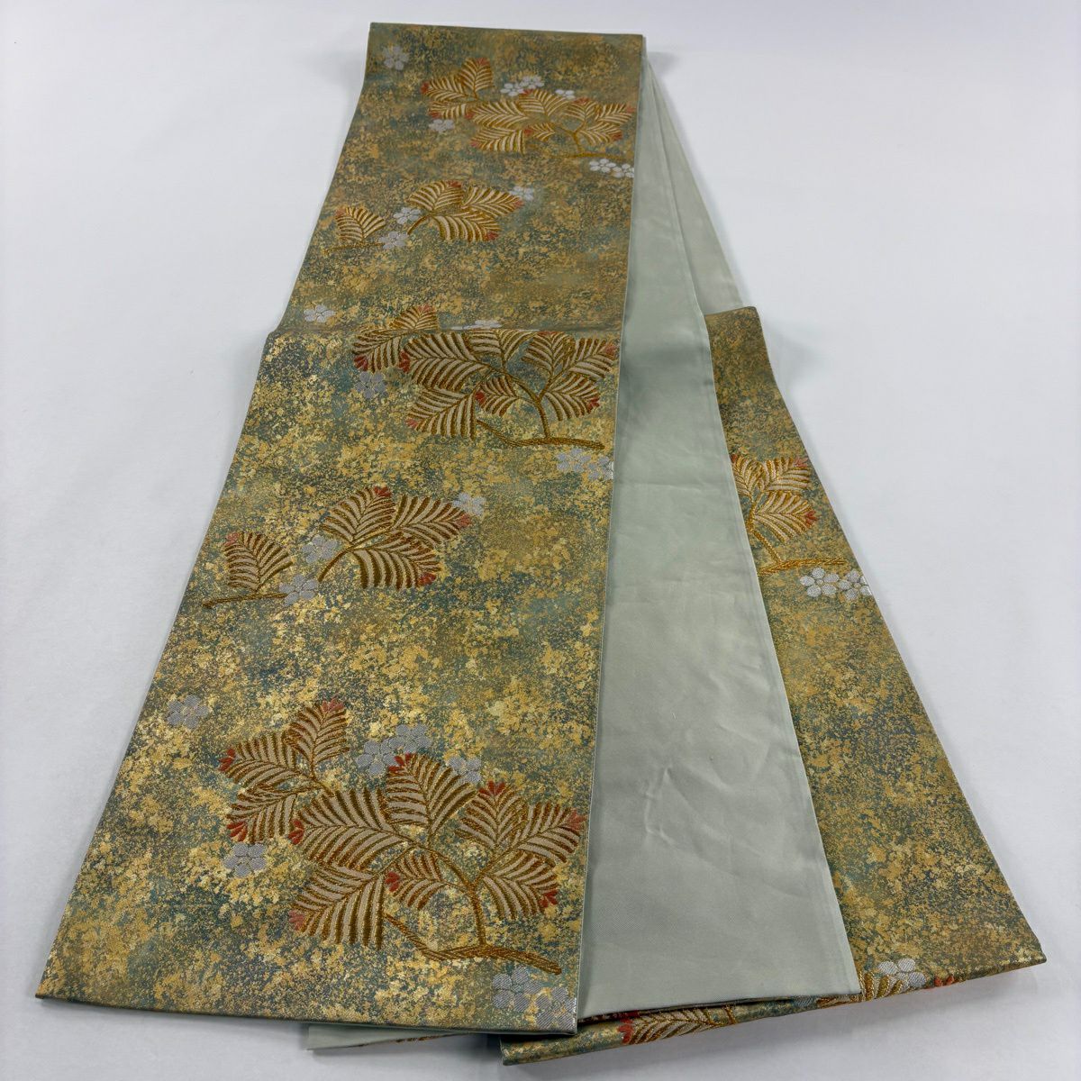 【美品】 袋帶 秀品級 若松樹 梅花 金銀糸 金金箔 灰綠 六通 純蠶絲