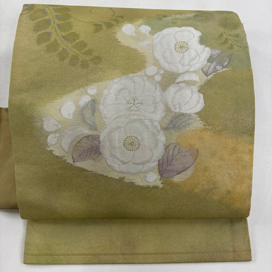 【美品】名古屋帶 秀品級 關西仕立 草花紋紋 霞 金金箔 米色 純蠶絲