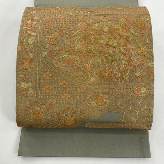 袋帶 秀品級 向鳥 草花紋紋 金金箔 刺繡 金色 大鼓圖案 純蠶絲