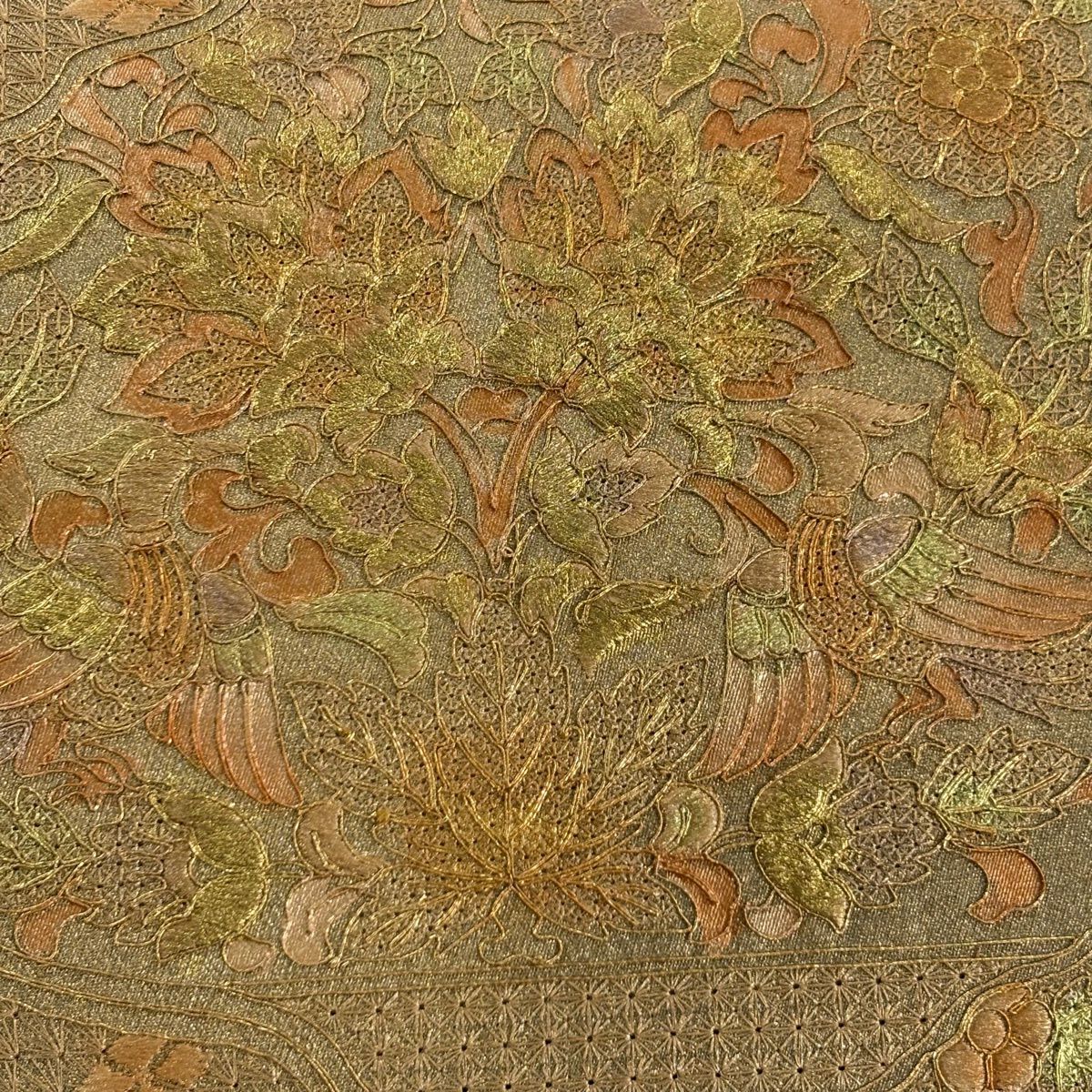 袋帶 秀品級 向鳥 草花紋紋 金金箔 刺繡 金色 大鼓圖案 純蠶絲