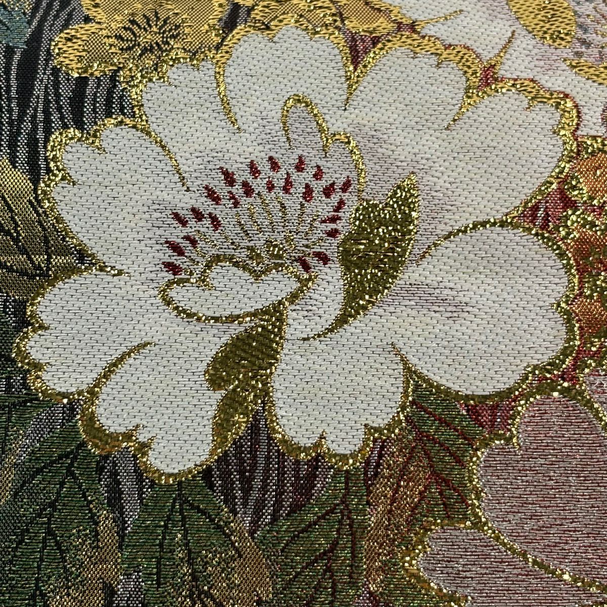 【美品】 袋帶 秀品級 草花紋紋 金金箔 紅 六通 純蠶絲