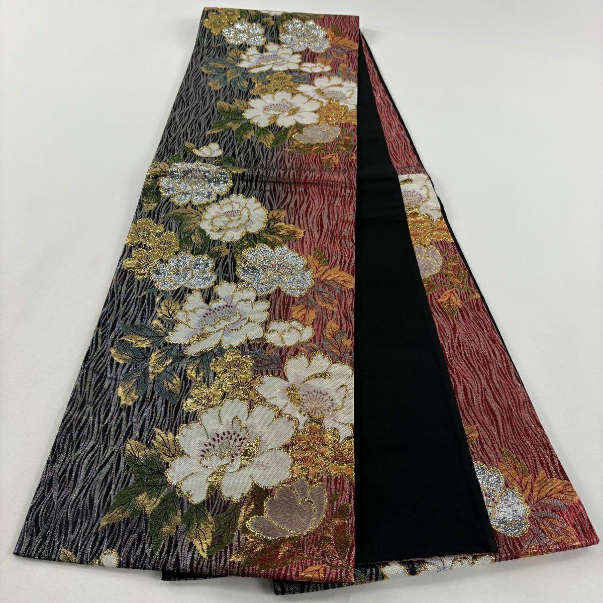 【美品】 袋帶 秀品級 草花紋紋 金金箔 紅 六通 純蠶絲