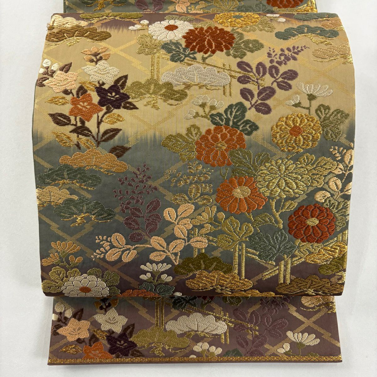 袋帶 秀品級 秋草 松樹皮菱 金金箔 金絲 灰綠 六通 純蠶絲