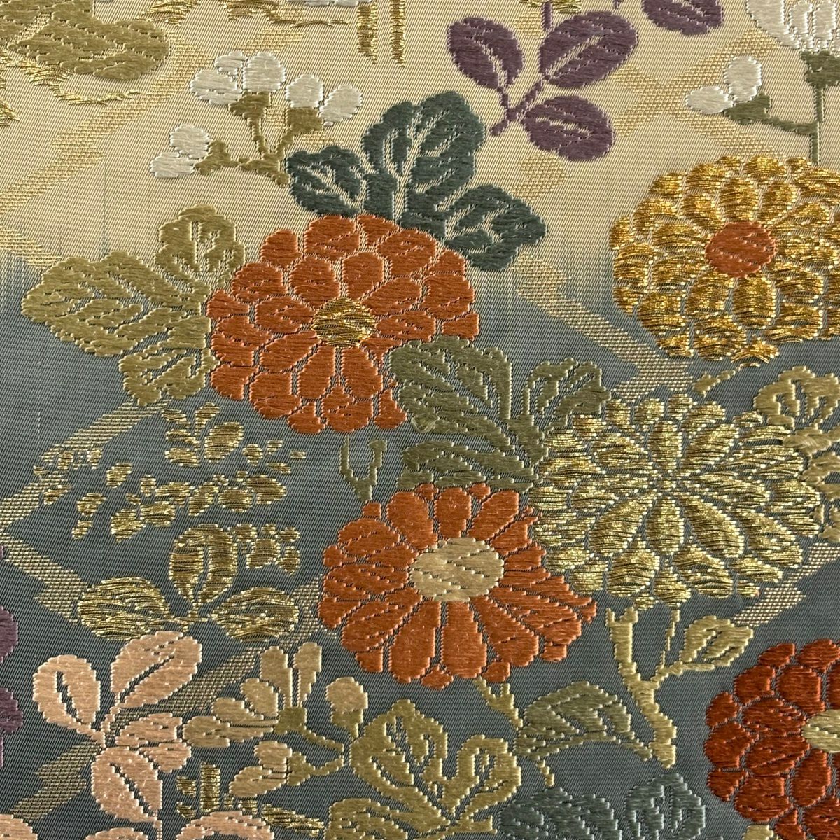 袋帶 秀品級 秋草 松樹皮菱 金金箔 金絲 灰綠 六通 純蠶絲