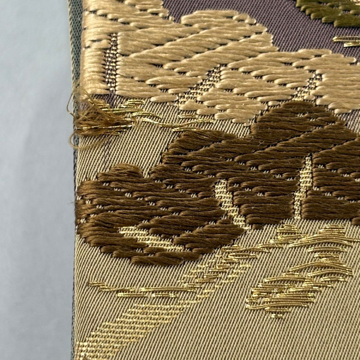 袋帶 秀品級 秋草 松樹皮菱 金金箔 金絲 灰綠 六通 純蠶絲