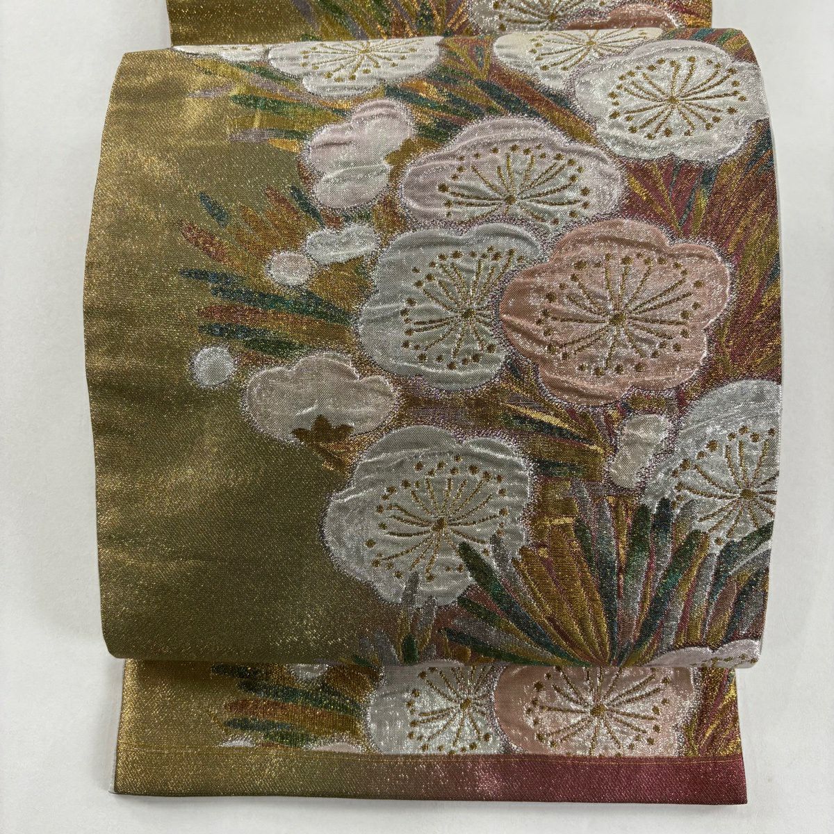 【美品】 袋帶 秀品級 梅花 若松樹 金金箔 金色 六通 純蠶絲