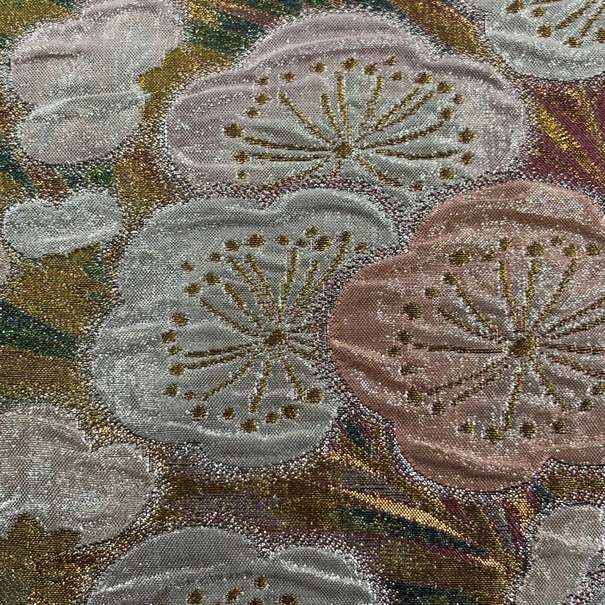 【美品】 袋帶 秀品級 梅花 若松樹 金金箔 金色 六通 純蠶絲