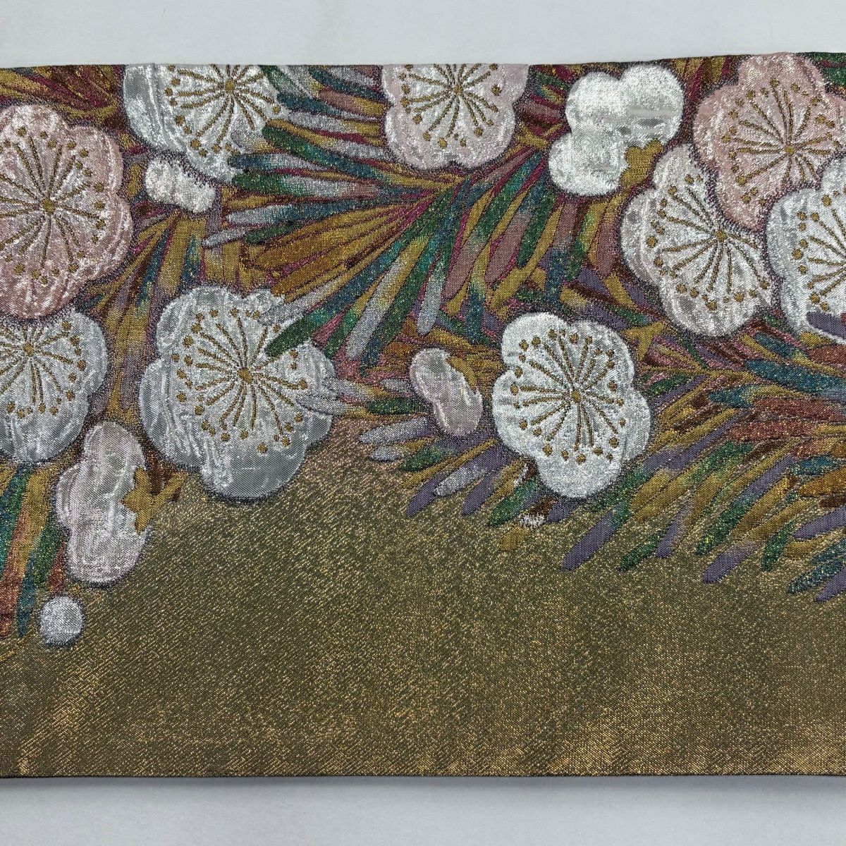 【美品】 袋帶 秀品級 梅花 若松樹 金金箔 金色 六通 純蠶絲