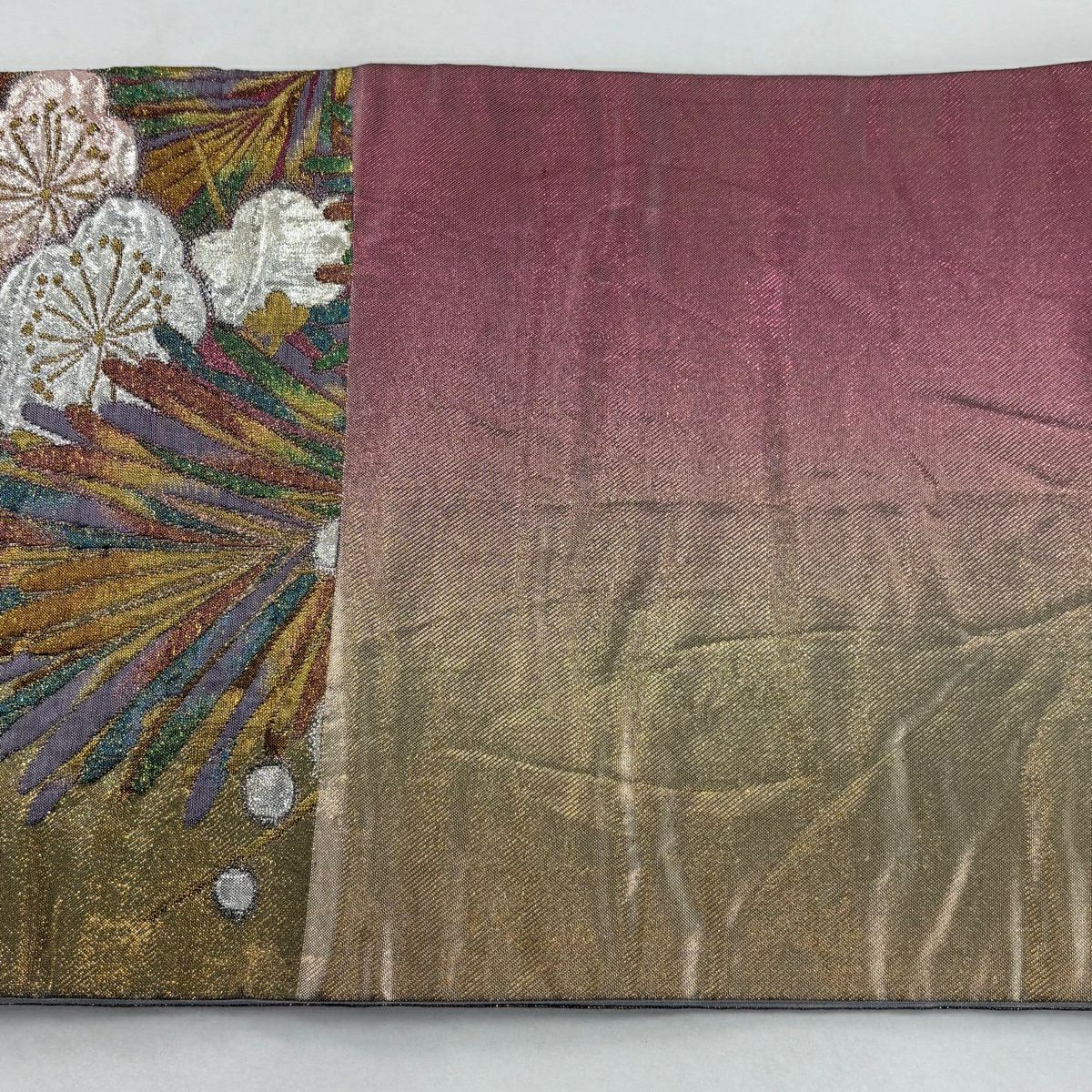 【美品】 袋帶 秀品級 梅花 若松樹 金金箔 金色 六通 純蠶絲