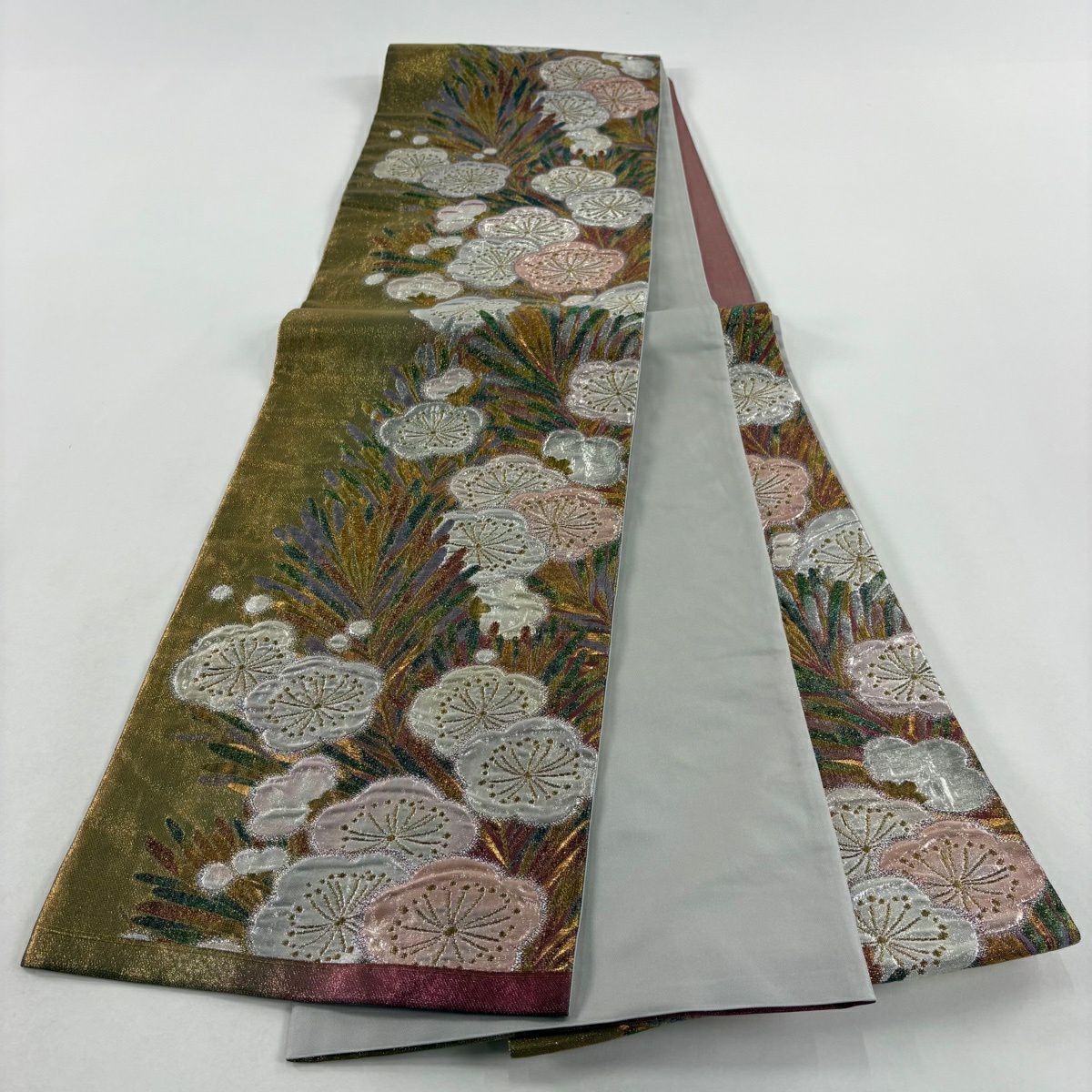 【美品】 袋帶 秀品級 梅花 若松樹 金金箔 金色 六通 純蠶絲