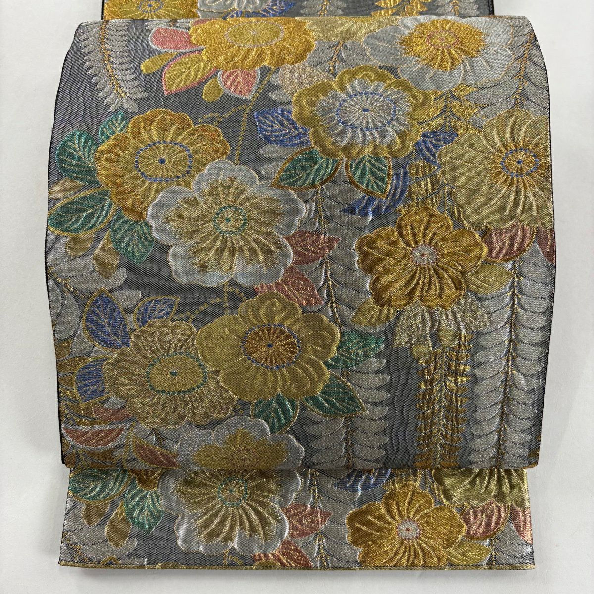 【美品】 袋帶 秀品級 辻花染圖案 金銀彩 金金箔 灰 深藍 六通 純蠶絲