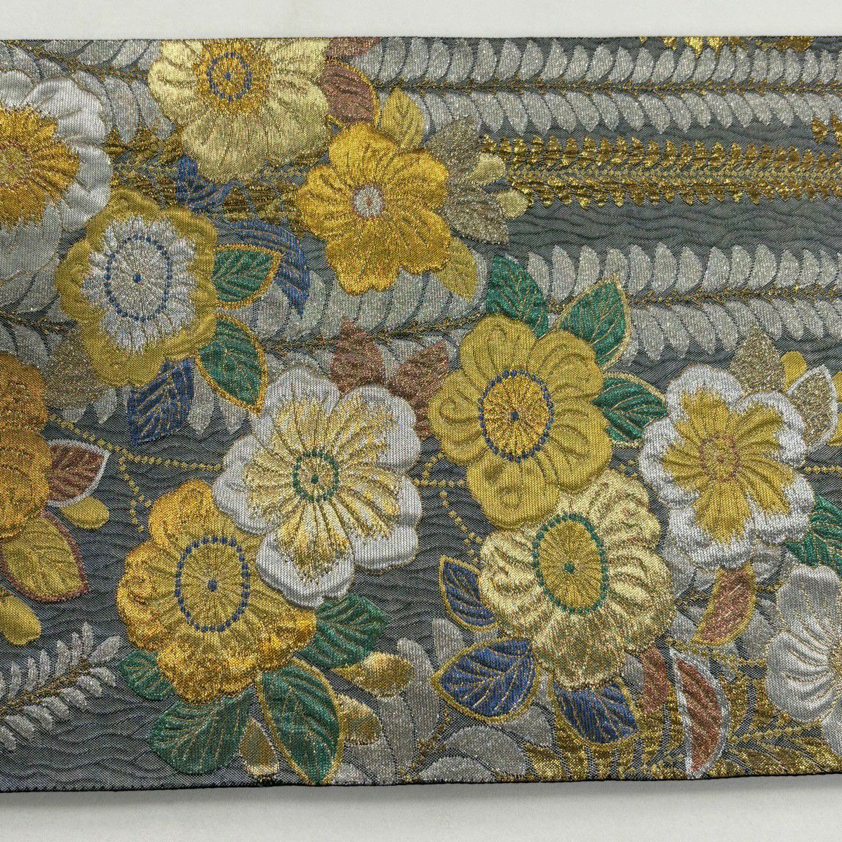 【美品】 袋帶 秀品級 辻花染圖案 金銀彩 金金箔 灰 深藍 六通 純蠶絲