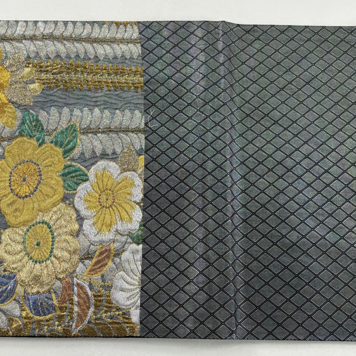 【美品】 袋帶 秀品級 辻花染圖案 金銀彩 金金箔 灰 深藍 六通 純蠶絲