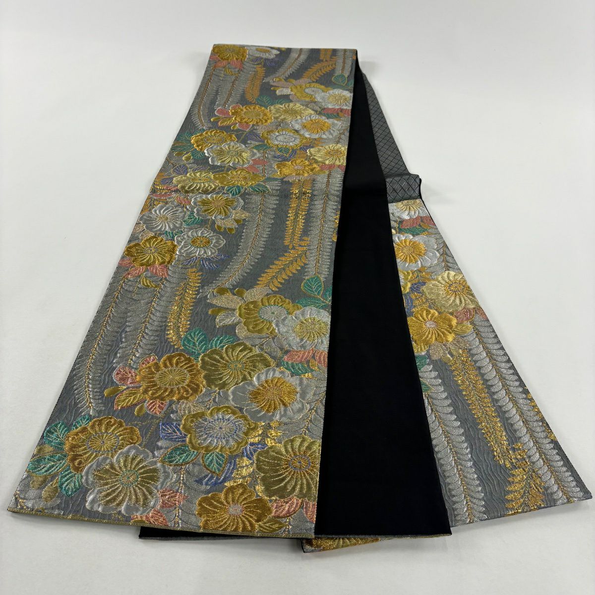 【美品】 袋帶 秀品級 辻花染圖案 金銀彩 金金箔 灰 深藍 六通 純蠶絲