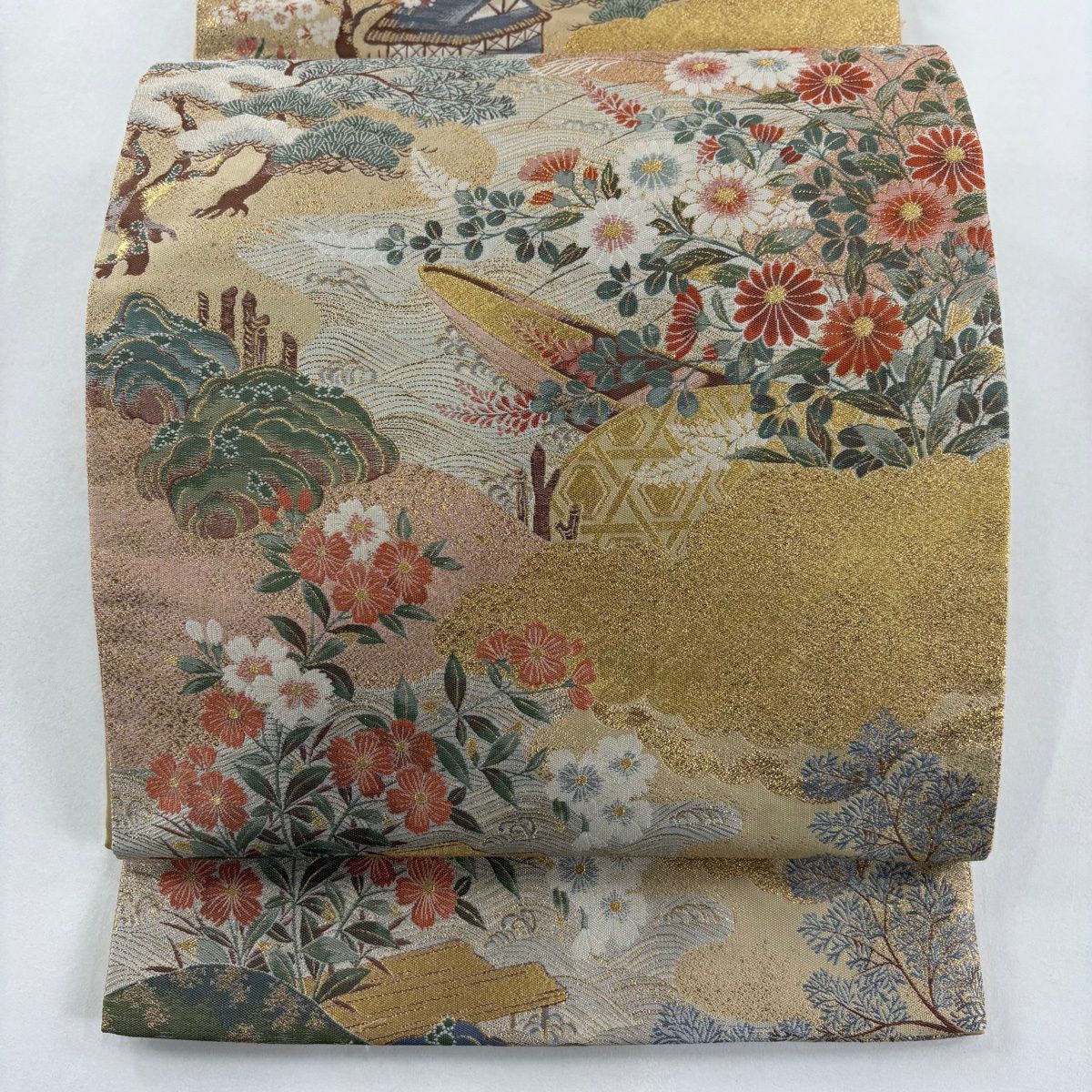 袋帶 秀品級 草花紋紋 舟 金絲 金金箔 米色 六通 純蠶絲