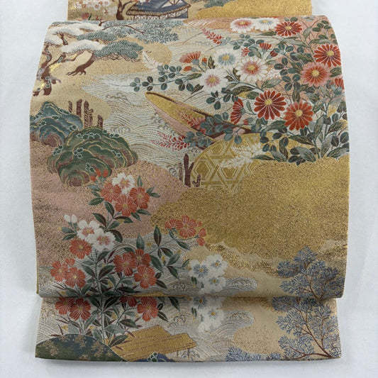袋帶 秀品級 草花紋紋 舟 金絲 金金箔 米色 六通 純蠶絲