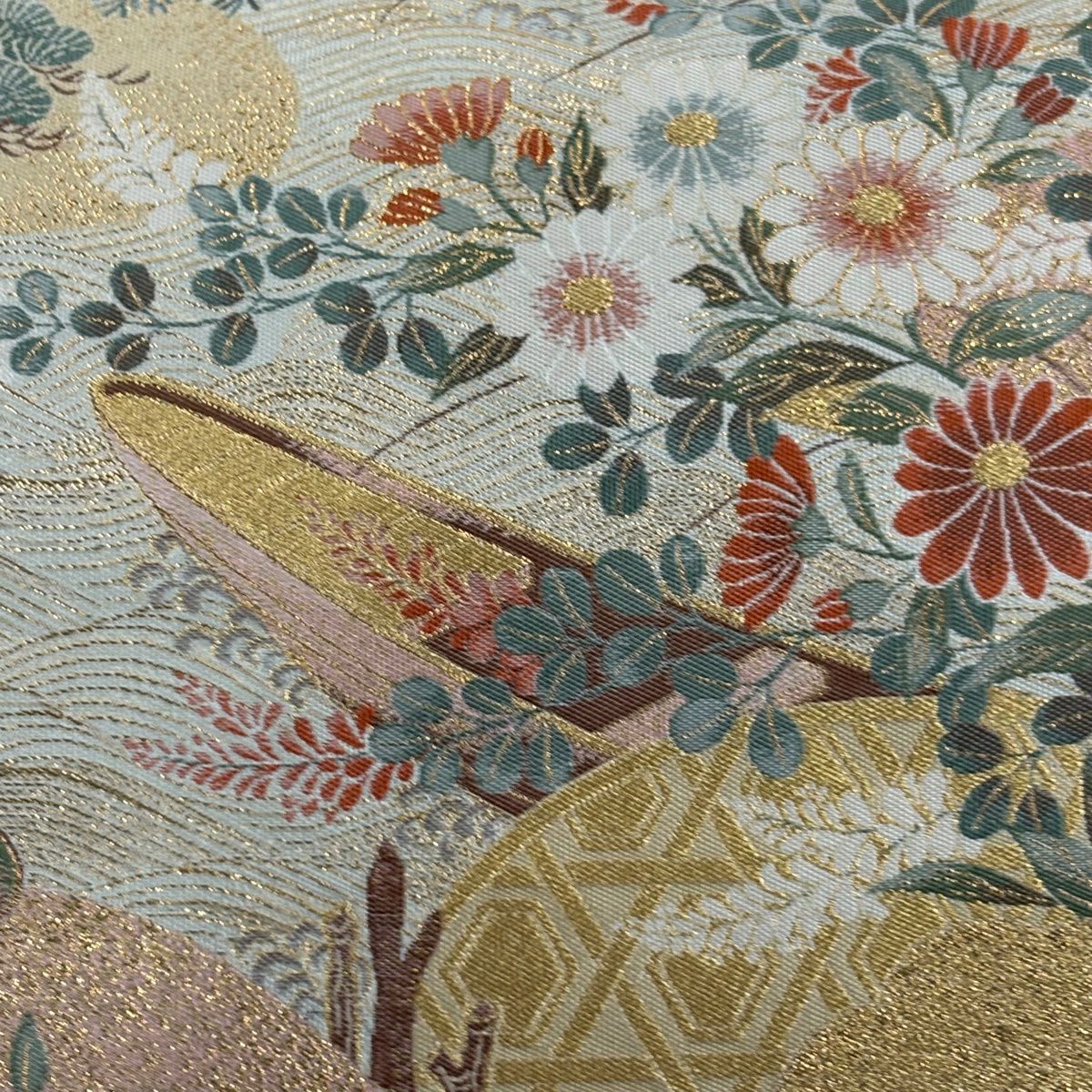 袋帶 秀品級 草花紋紋 舟 金絲 金金箔 米色 六通 純蠶絲