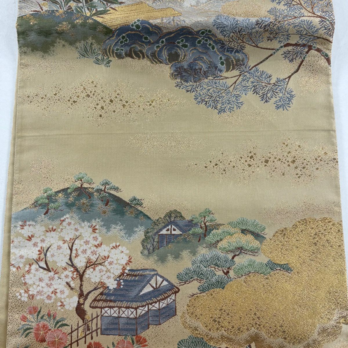 袋帶 秀品級 草花紋紋 舟 金絲 金金箔 米色 六通 純蠶絲