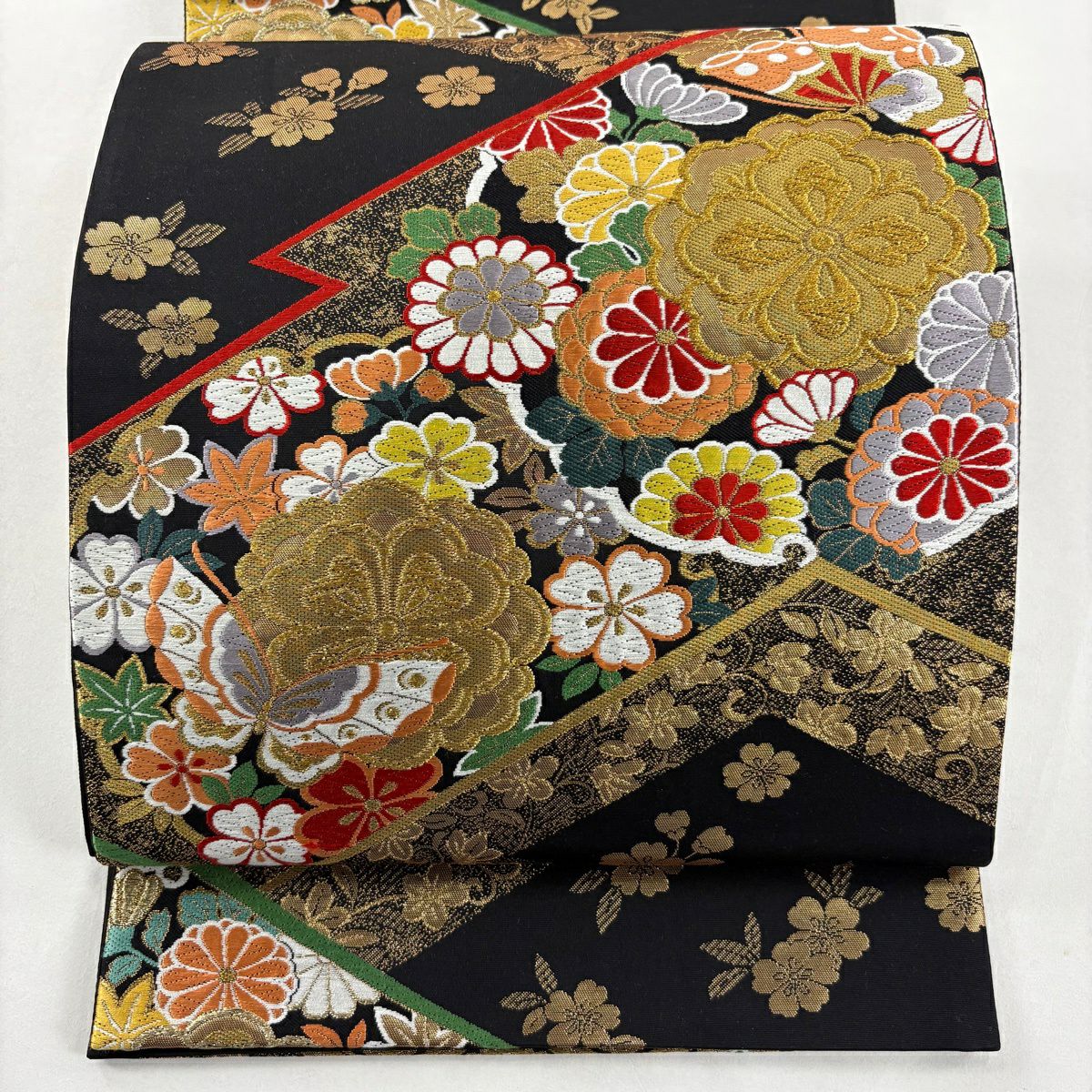 【美品】 袋帶 秀品級 菊花 蝶 金絲 金金箔 黑 六通 純蠶絲