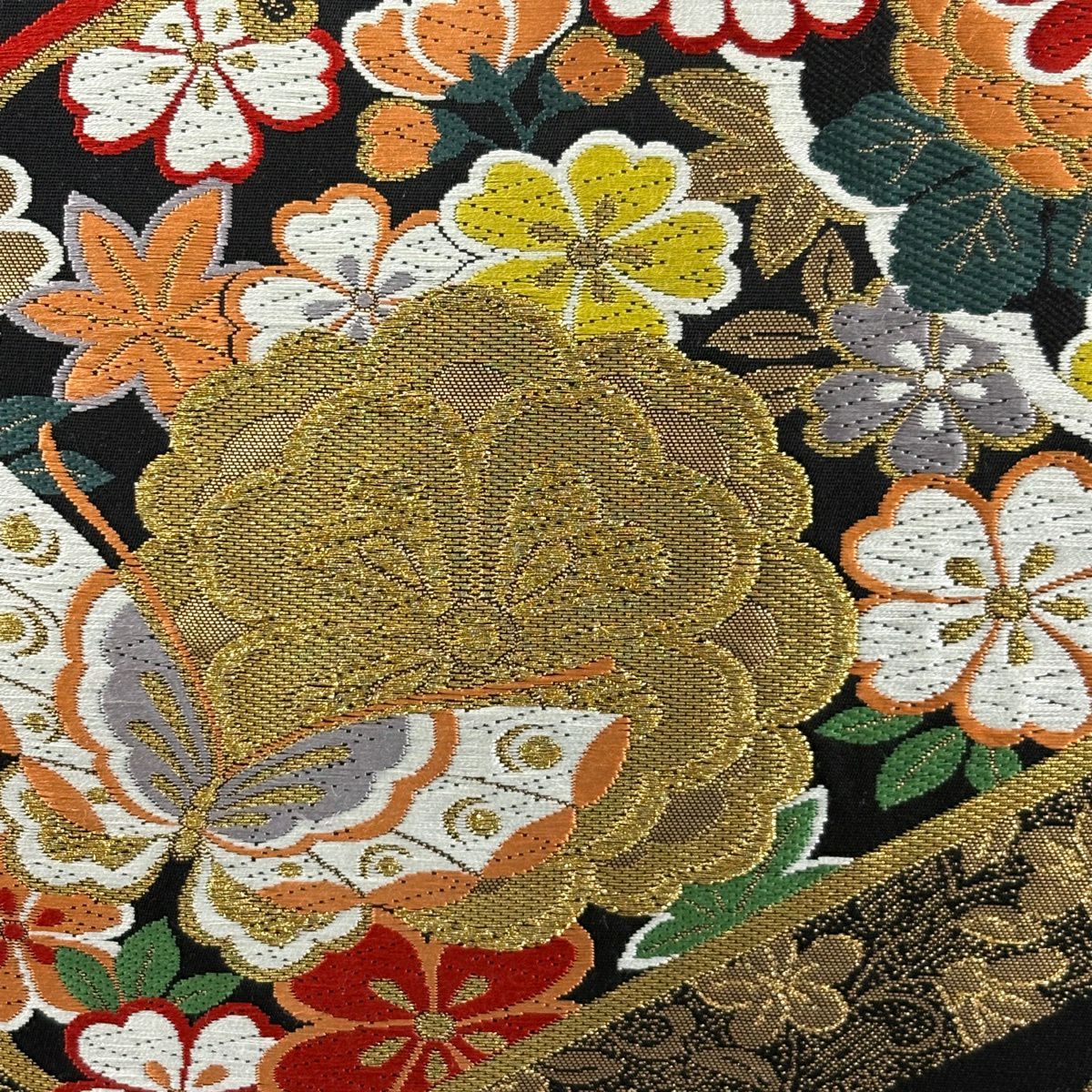 【美品】 袋帶 秀品級 菊花 蝶 金絲 金金箔 黑 六通 純蠶絲